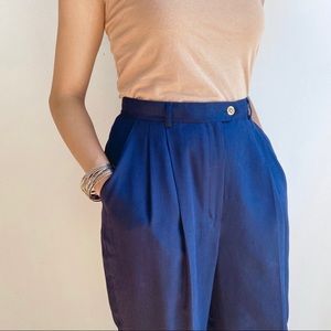 Lauren Ralph Lauren Navy Silk Pleated Pants 8